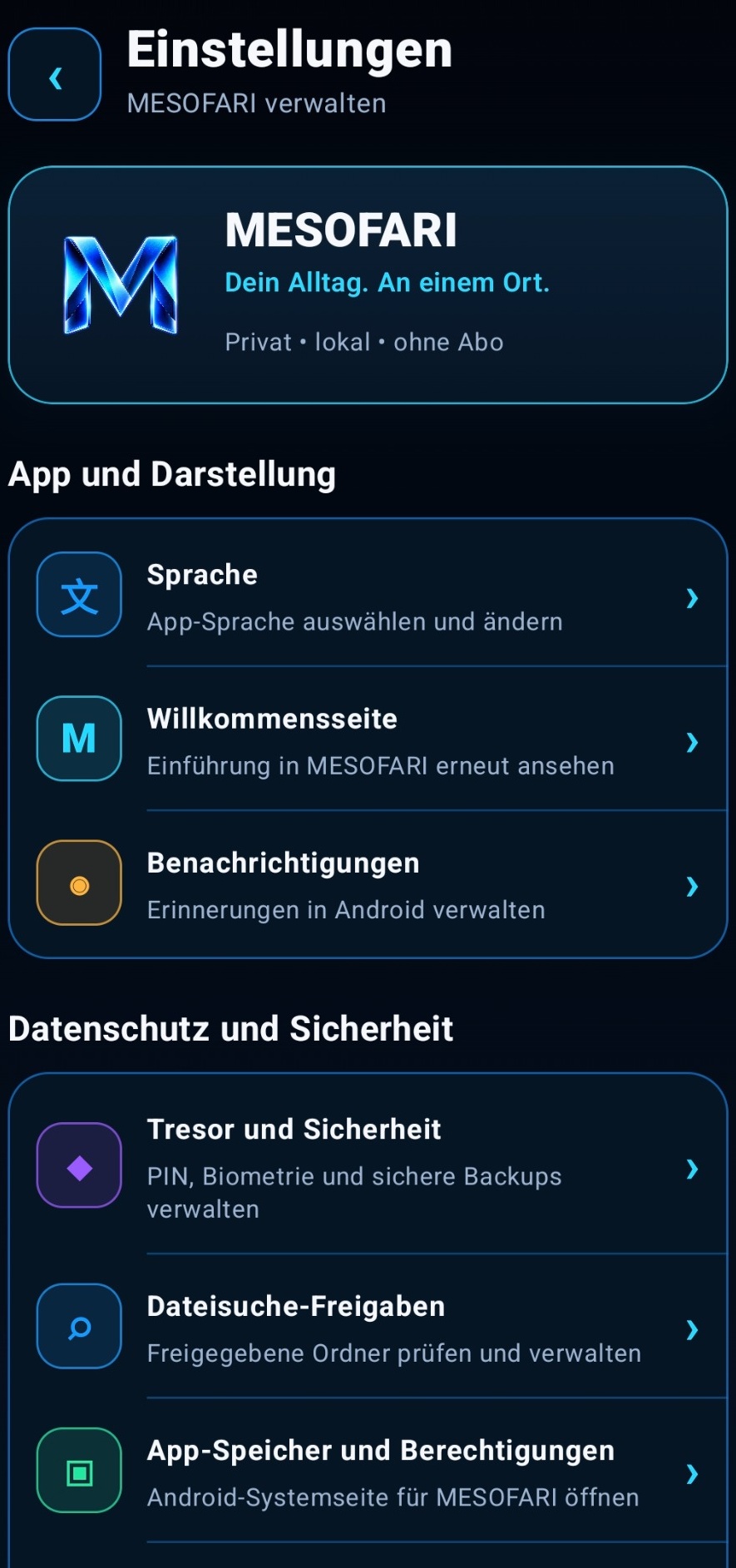 MESOFARI Einstellungen